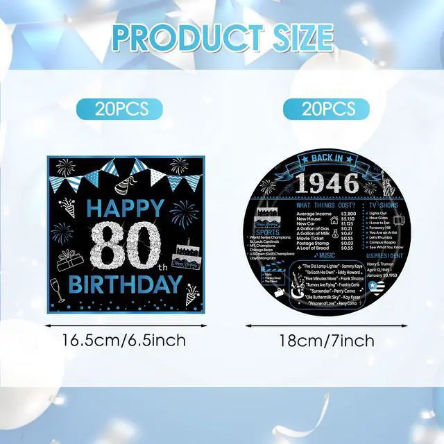 Alt view image 2 of 7 - 40Pcs 80th Birthday Decorations for Men Women, Back in 1946 Birthday Party Supplies Includes Blue Vintage Cheers to 80 Years Disposable Paper Plates Napkins Favors, Serve 20