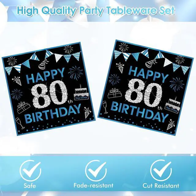 Alt view image 4 of 7 - 40Pcs 80th Birthday Decorations for Men Women, Back in 1946 Birthday Party Supplies Includes Blue Vintage Cheers to 80 Years Disposable Paper Plates Napkins Favors, Serve 20