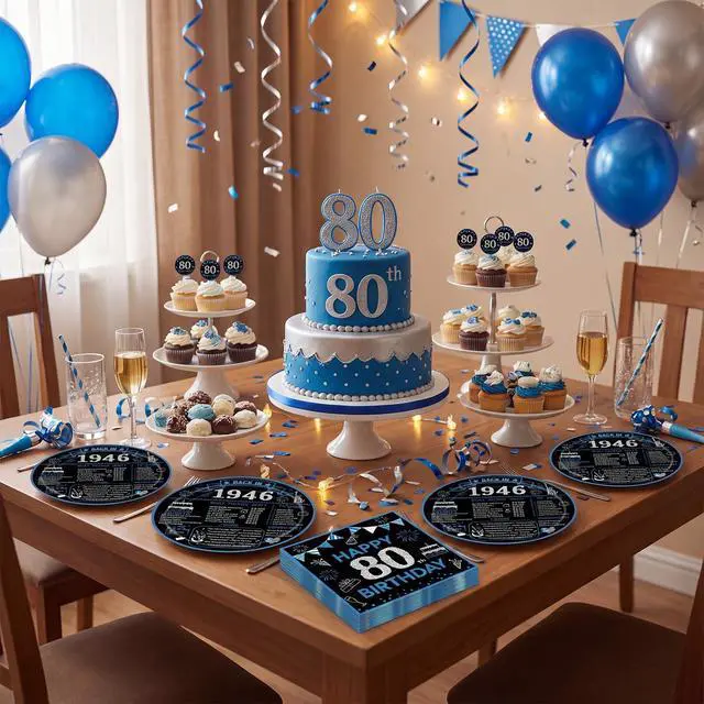 Alt view image 5 of 7 - 40Pcs 80th Birthday Decorations for Men Women, Back in 1946 Birthday Party Supplies Includes Blue Vintage Cheers to 80 Years Disposable Paper Plates Napkins Favors, Serve 20