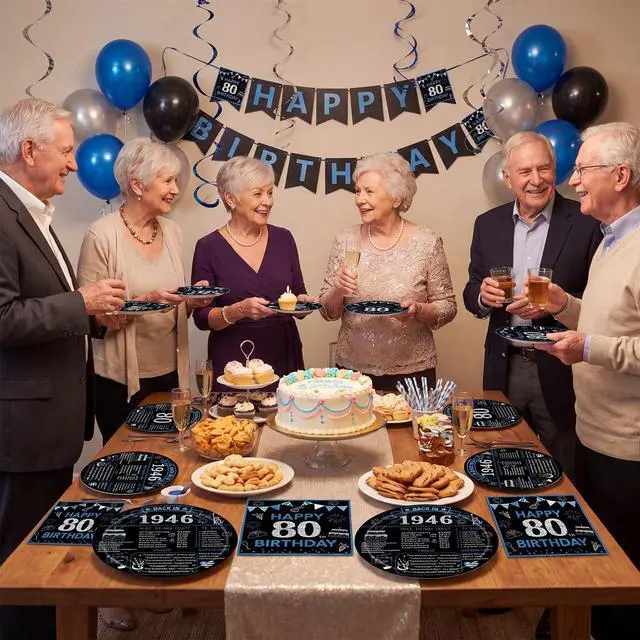 Alt view image 6 of 7 - 40Pcs 80th Birthday Decorations for Men Women, Back in 1946 Birthday Party Supplies Includes Blue Vintage Cheers to 80 Years Disposable Paper Plates Napkins Favors, Serve 20