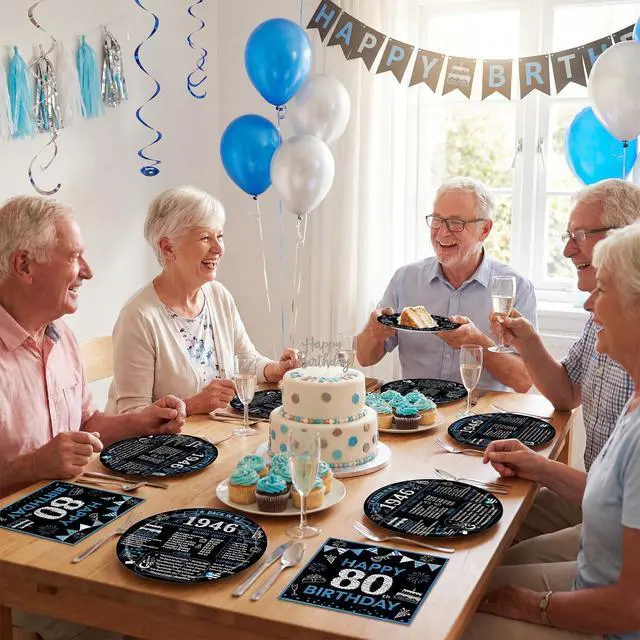 Alt view image 7 of 7 - 40Pcs 80th Birthday Decorations for Men Women, Back in 1946 Birthday Party Supplies Includes Blue Vintage Cheers to 80 Years Disposable Paper Plates Napkins Favors, Serve 20