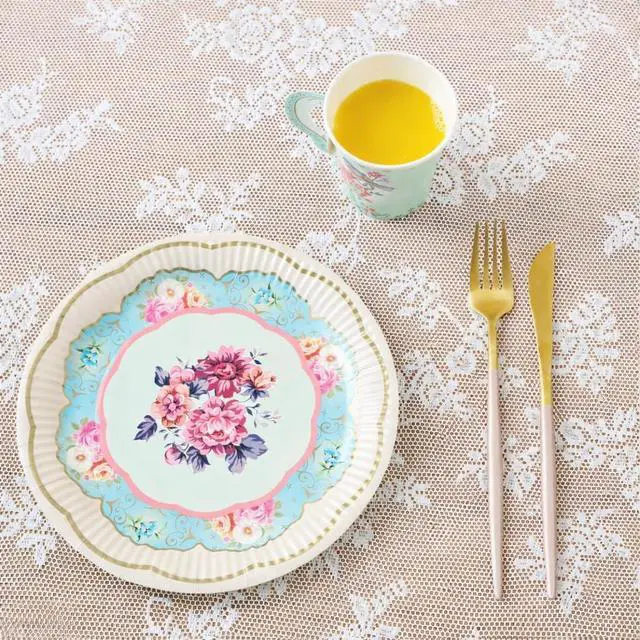 Alt view image 2 of 7 - 50pcs Floral Tea Party Decorations - Disposable Paper Plates, Teacups, Napkins & Bunting | Tableware Set for 16 Guests | Birthday Party Set