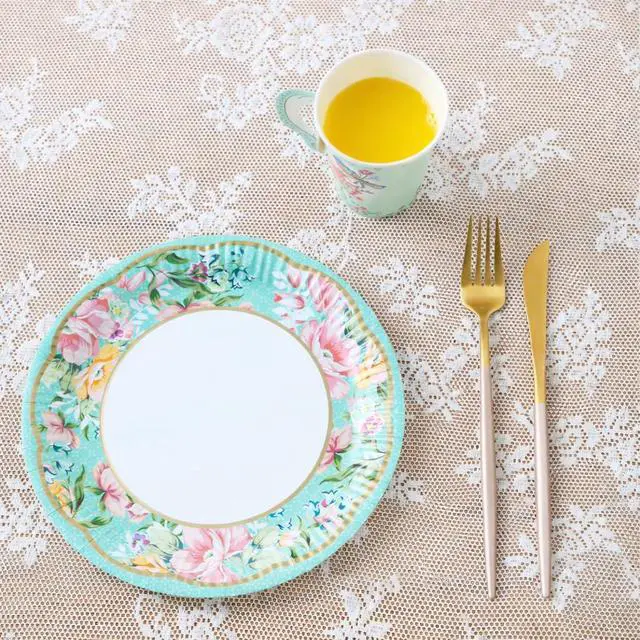 Alt view image 3 of 7 - 50pcs Floral Tea Party Decorations - Disposable Paper Plates, Teacups, Napkins & Bunting | Tableware Set for 16 Guests | Birthday Party Set