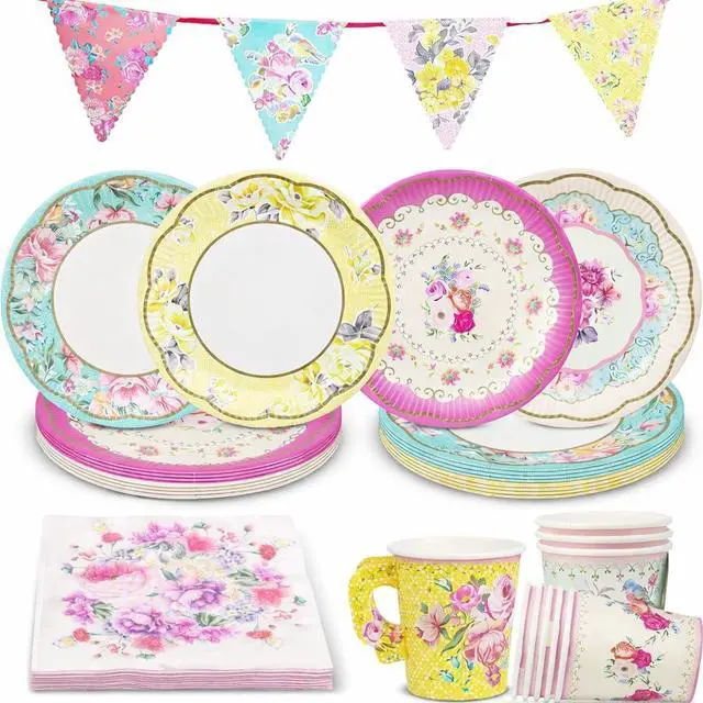 Main image of 50pcs Floral Tea Party Decorations - Disposable Paper Plates, Teacups, Napkins & Bunting | Tableware Set for 16 Guests | Birthday Party Set