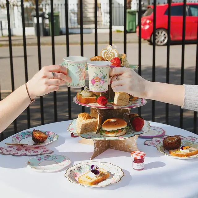 Alt view image 6 of 7 - 50pcs Floral Tea Party Decorations - Disposable Paper Plates, Teacups, Napkins & Bunting | Tableware Set for 16 Guests | Birthday Party Set