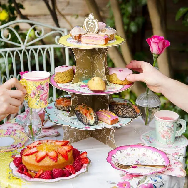 Alt view image 7 of 7 - 50pcs Floral Tea Party Decorations - Disposable Paper Plates, Teacups, Napkins & Bunting | Tableware Set for 16 Guests | Birthday Party Set