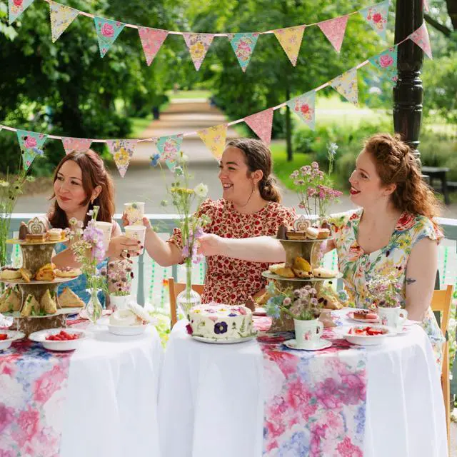 Alt view image 5 of 7 - 50pcs Floral Tea Party Decorations - Disposable Paper Plates, Teacups, Napkins & Bunting | Tableware Set for 16 Guests | Birthday Party Set