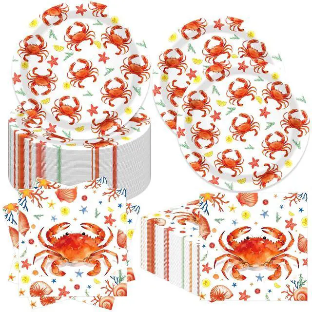Main image of 64 Pcs Crab Paper Plates and Napkins Set, 24x 7 Inch Crab Paper Plates, 40x 6.5 Inch Crab Paper Napkins, Ocean Beach Theme Disposable Party Tableware for Crab Feast Seafood Birthday BBQ
