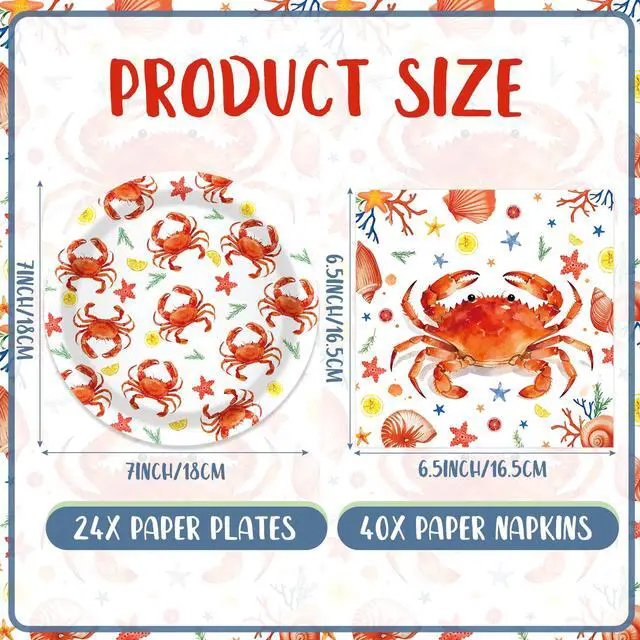 Alt view image 2 of 6 - 64 Pcs Crab Paper Plates and Napkins Set, 24x 7 Inch Crab Paper Plates, 40x 6.5 Inch Crab Paper Napkins, Ocean Beach Theme Disposable Party Tableware for Crab Feast Seafood Birthday BBQ