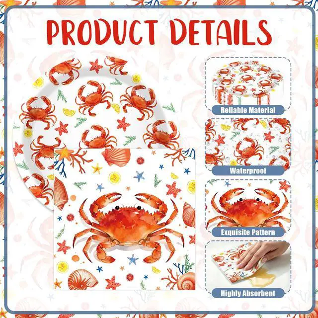 Alt view image 3 of 6 - 64 Pcs Crab Paper Plates and Napkins Set, 24x 7 Inch Crab Paper Plates, 40x 6.5 Inch Crab Paper Napkins, Ocean Beach Theme Disposable Party Tableware for Crab Feast Seafood Birthday BBQ