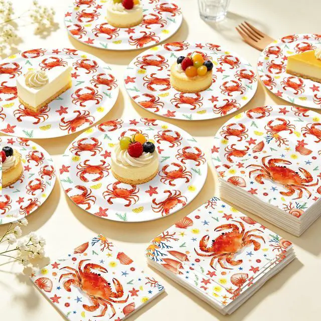 Alt view image 4 of 6 - 64 Pcs Crab Paper Plates and Napkins Set, 24x 7 Inch Crab Paper Plates, 40x 6.5 Inch Crab Paper Napkins, Ocean Beach Theme Disposable Party Tableware for Crab Feast Seafood Birthday BBQ