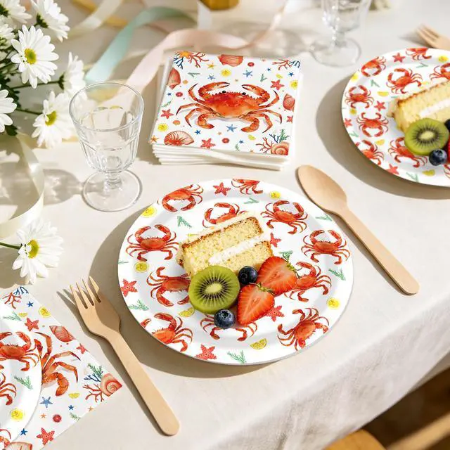 Alt view image 5 of 6 - 64 Pcs Crab Paper Plates and Napkins Set, 24x 7 Inch Crab Paper Plates, 40x 6.5 Inch Crab Paper Napkins, Ocean Beach Theme Disposable Party Tableware for Crab Feast Seafood Birthday BBQ