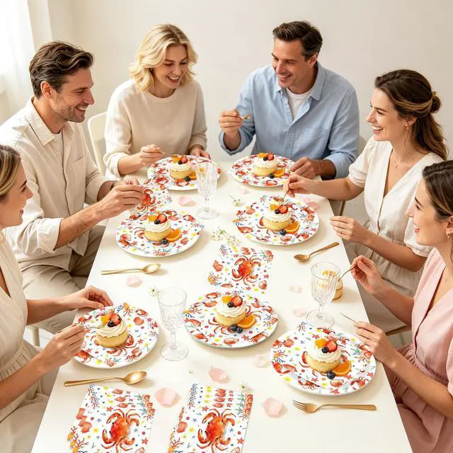 Alt view image 6 of 6 - 64 Pcs Crab Paper Plates and Napkins Set, 24x 7 Inch Crab Paper Plates, 40x 6.5 Inch Crab Paper Napkins, Ocean Beach Theme Disposable Party Tableware for Crab Feast Seafood Birthday BBQ