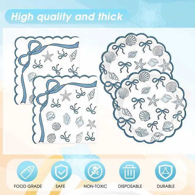 Alt view image 4 of 7 - 40PCS Seashell Birthday Party Decorations Blue Bow Beach Style Tableware Kit Include Starfish Coral Disposable Paper Plates and Napkins,Tablecloth Set for The Summer I Turned Pretty Party Decor