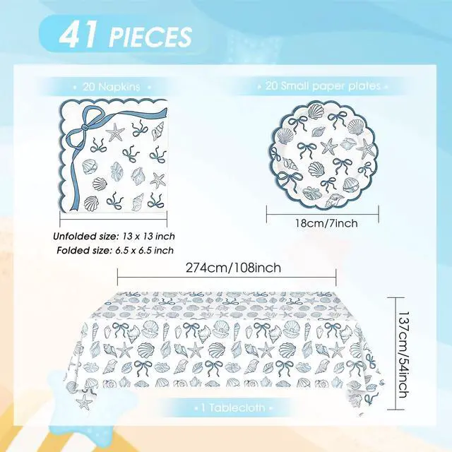 Alt view image 2 of 7 - 40PCS Seashell Birthday Party Decorations Blue Bow Beach Style Tableware Kit Include Starfish Coral Disposable Paper Plates and Napkins,Tablecloth Set for The Summer I Turned Pretty Party Decor