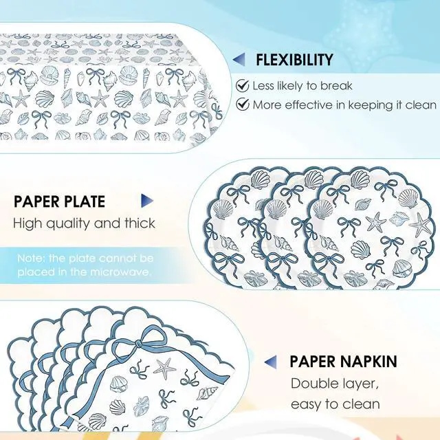 Alt view image 3 of 7 - 40PCS Seashell Birthday Party Decorations Blue Bow Beach Style Tableware Kit Include Starfish Coral Disposable Paper Plates and Napkins,Tablecloth Set for The Summer I Turned Pretty Party Decor