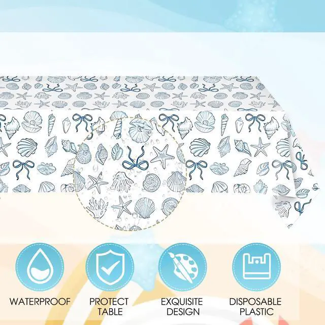 Alt view image 5 of 7 - 40PCS Seashell Birthday Party Decorations Blue Bow Beach Style Tableware Kit Include Starfish Coral Disposable Paper Plates and Napkins,Tablecloth Set for The Summer I Turned Pretty Party Decor
