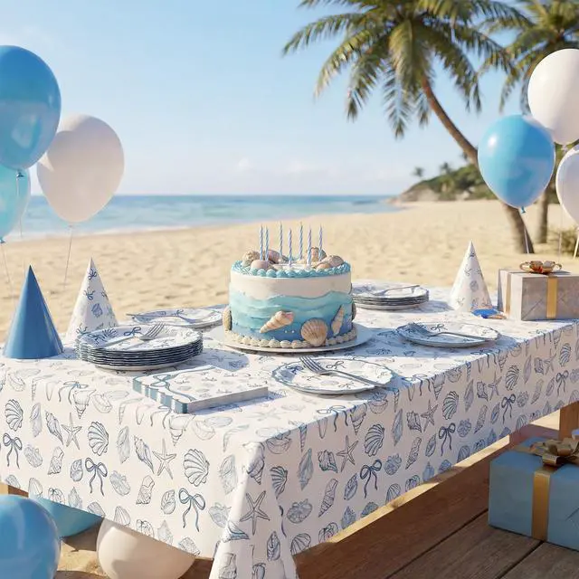 Alt view image 6 of 7 - 40PCS Seashell Birthday Party Decorations Blue Bow Beach Style Tableware Kit Include Starfish Coral Disposable Paper Plates and Napkins,Tablecloth Set for The Summer I Turned Pretty Party Decor
