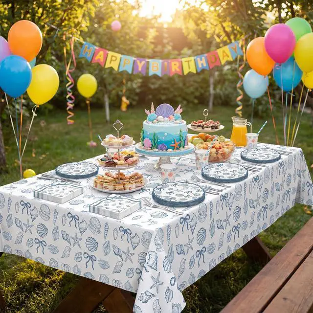 Alt view image 7 of 7 - 40PCS Seashell Birthday Party Decorations Blue Bow Beach Style Tableware Kit Include Starfish Coral Disposable Paper Plates and Napkins,Tablecloth Set for The Summer I Turned Pretty Party Decor
