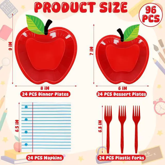 Alt view image 2 of 7 - 96PCS Back to School Tableware Set, Disposable Red Apple Paper Plates