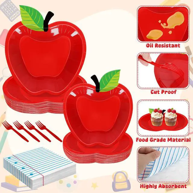 Alt view image 3 of 7 - 96PCS Back to School Tableware Set, Disposable Red Apple Paper Plates