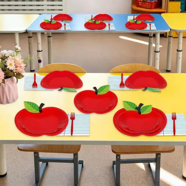 Alt view image 4 of 7 - 96PCS Back to School Tableware Set, Disposable Red Apple Paper Plates