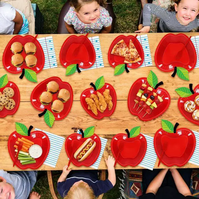Alt view image 5 of 7 - 96PCS Back to School Tableware Set, Disposable Red Apple Paper Plates
