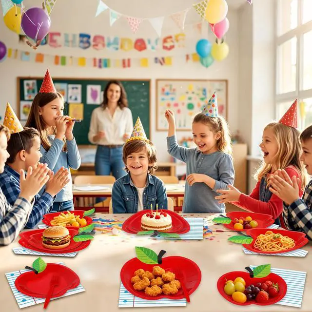 Alt view image 6 of 7 - 96PCS Back to School Tableware Set, Disposable Red Apple Paper Plates