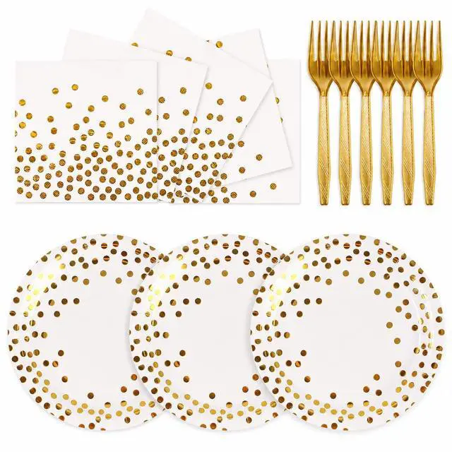 Main image of 75PCS Paper Plates and Napkins Set, White and Gold Dot