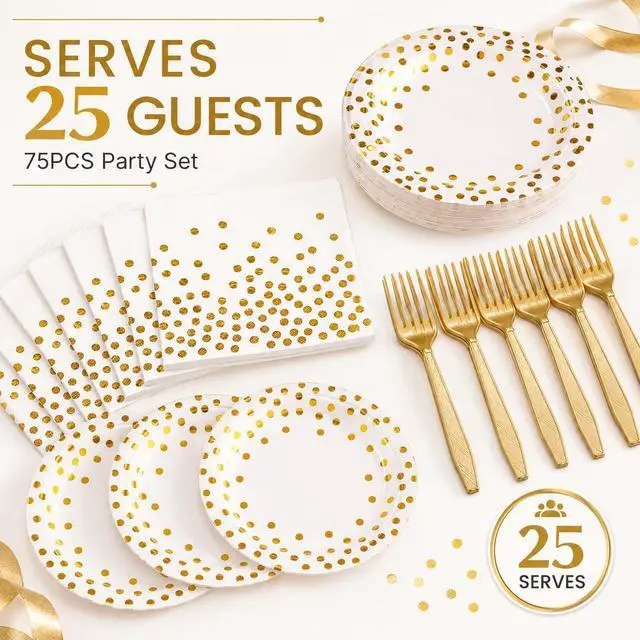 Alt view image 2 of 7 - 75PCS Paper Plates and Napkins Set, White and Gold Dot