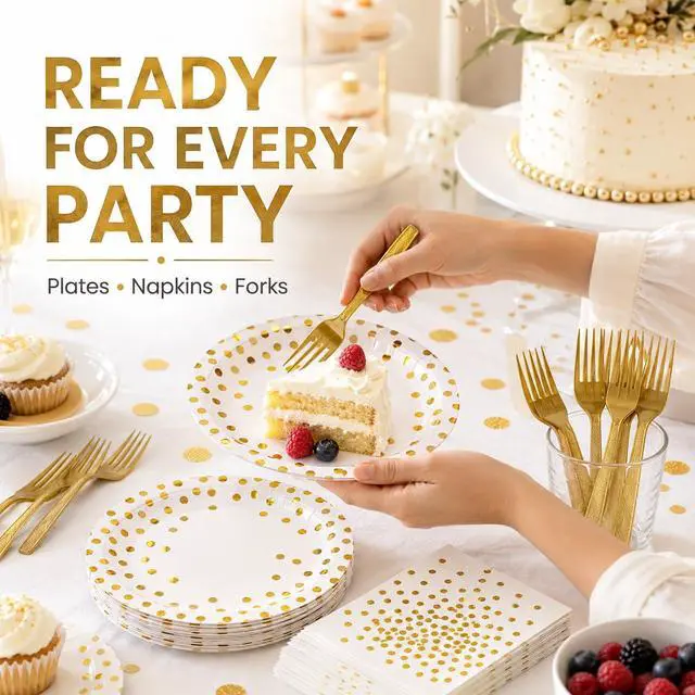 Alt view image 5 of 7 - 75PCS Paper Plates and Napkins Set, White and Gold Dot