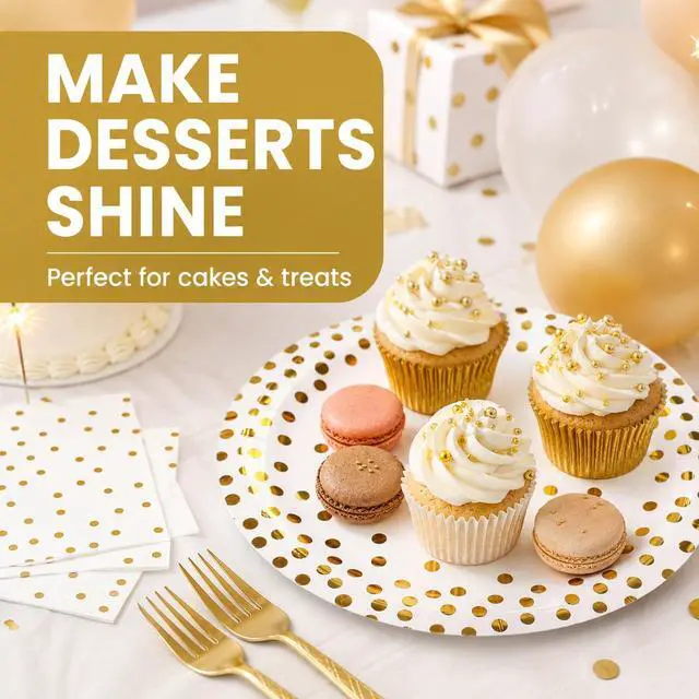 Alt view image 6 of 7 - 75PCS Paper Plates and Napkins Set, White and Gold Dot