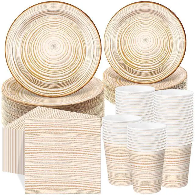 Main image of 250 Pieces Rustic Wood Grain Party Tableware Set - Disposable Paper Plates, Cups & Napkins for 50 Guests - Lumberjack, Farmhouse, Camping, Forest Theme Birthday Decorations(Apricot)