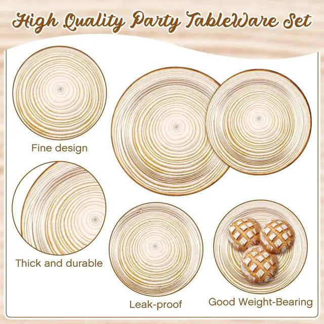 Alt view image 3 of 7 - 250 Pieces Rustic Wood Grain Party Tableware Set - Disposable Paper Plates, Cups & Napkins for 50 Guests - Lumberjack, Farmhouse, Camping, Forest Theme Birthday Decorations(Apricot)