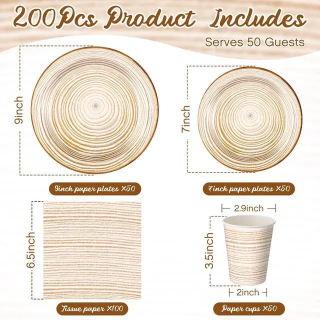 Alt view image 2 of 7 - 250 Pieces Rustic Wood Grain Party Tableware Set - Disposable Paper Plates, Cups & Napkins for 50 Guests - Lumberjack, Farmhouse, Camping, Forest Theme Birthday Decorations(Apricot)