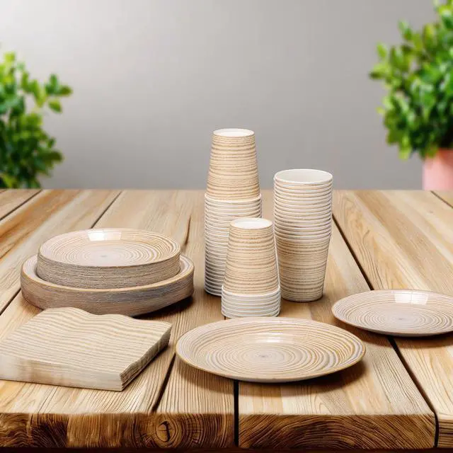 Alt view image 4 of 7 - 250 Pieces Rustic Wood Grain Party Tableware Set - Disposable Paper Plates, Cups & Napkins for 50 Guests - Lumberjack, Farmhouse, Camping, Forest Theme Birthday Decorations(Apricot)