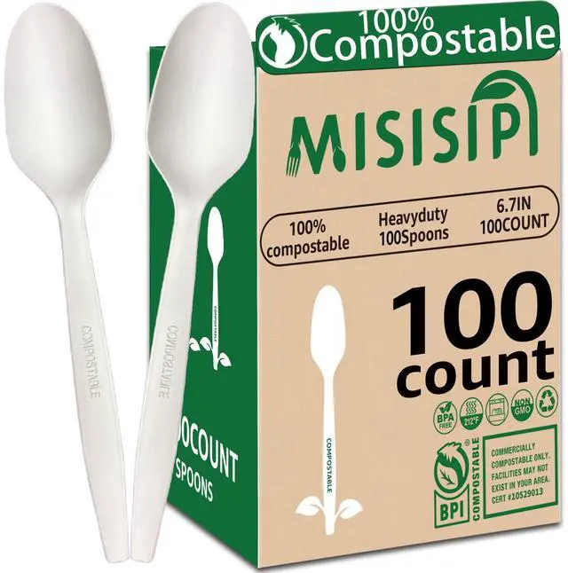 Main image of 100Count 100% Compostable spoons Eco-friendly HeavyDuty spoons
