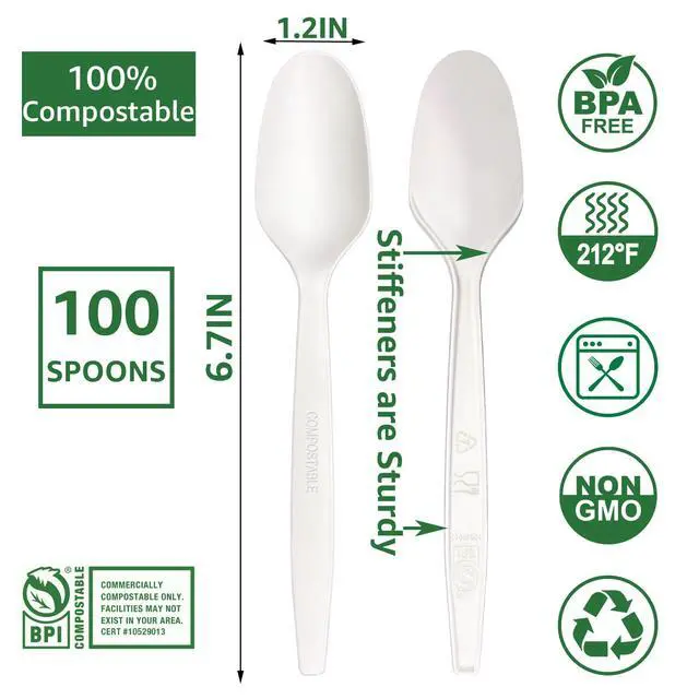 Alt view image 3 of 7 - 100Count 100% Compostable spoons Eco-friendly HeavyDuty spoons