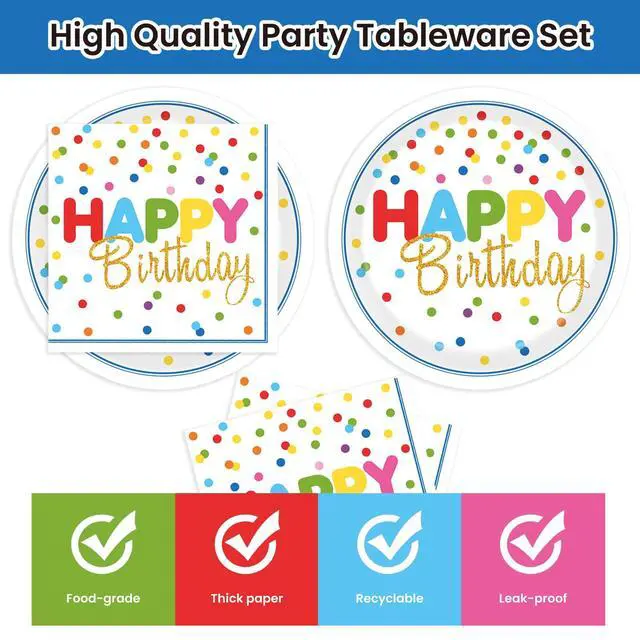 Alt view image 3 of 7 - 40Pcs Birthday Party Supplies Paper Plates and Napkins, Colorful Polka Dot Themed Dinner Plates Napkins Disposable Tableware Set for Birthday Party Decorations Serve 20
