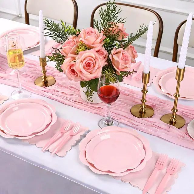 Alt view image 3 of 7 - 96 Pcs Pink Paper Plates and Napkins Set Party Supplies Serve for 24 Guests
