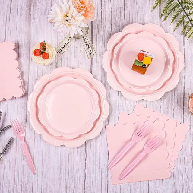 Alt view image 4 of 7 - 96 Pcs Pink Paper Plates and Napkins Set Party Supplies Serve for 24 Guests