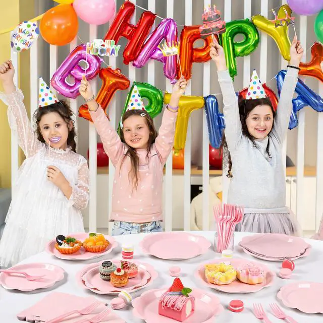 Alt view image 6 of 7 - 96 Pcs Pink Paper Plates and Napkins Set Party Supplies Serve for 24 Guests