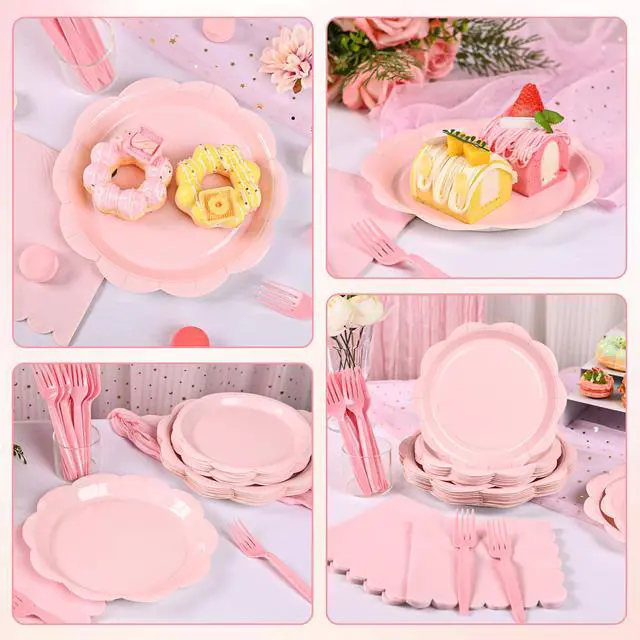 Alt view image 7 of 7 - 96 Pcs Pink Paper Plates and Napkins Set Party Supplies Serve for 24 Guests