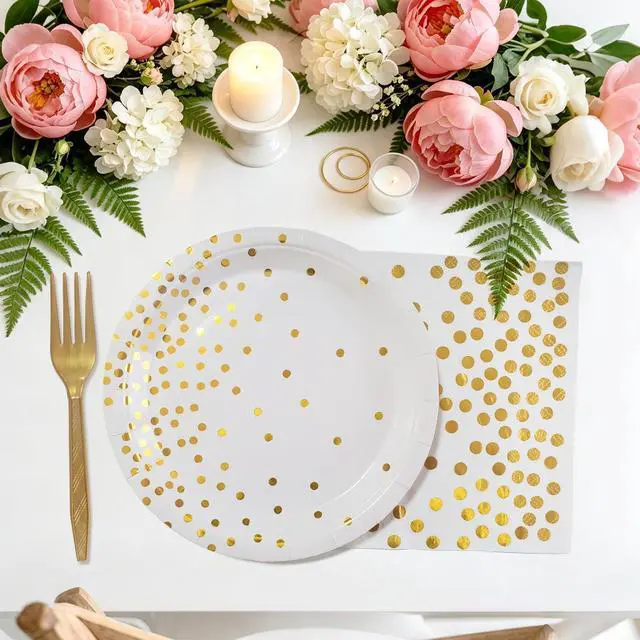 Alt view image 5 of 5 - White and Gold Paper Plates Napkins Party Supplies