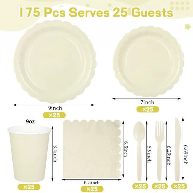 Alt view image 2 of 7 - 25 Set Party Plates and Cups and Napkins Ivory Scalloped Dinnerware