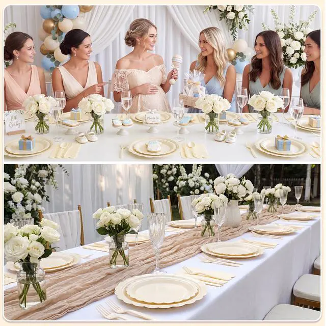 Alt view image 5 of 7 - 25 Set Party Plates and Cups and Napkins Ivory Scalloped Dinnerware