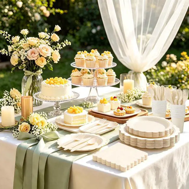 Alt view image 4 of 7 - 25 Set Party Plates and Cups and Napkins Ivory Scalloped Dinnerware