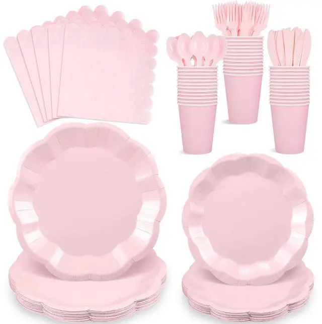 Main image of 175 Pcs Pink Paper Plates and Napkins Disposable Tableware Serve 25 Guest