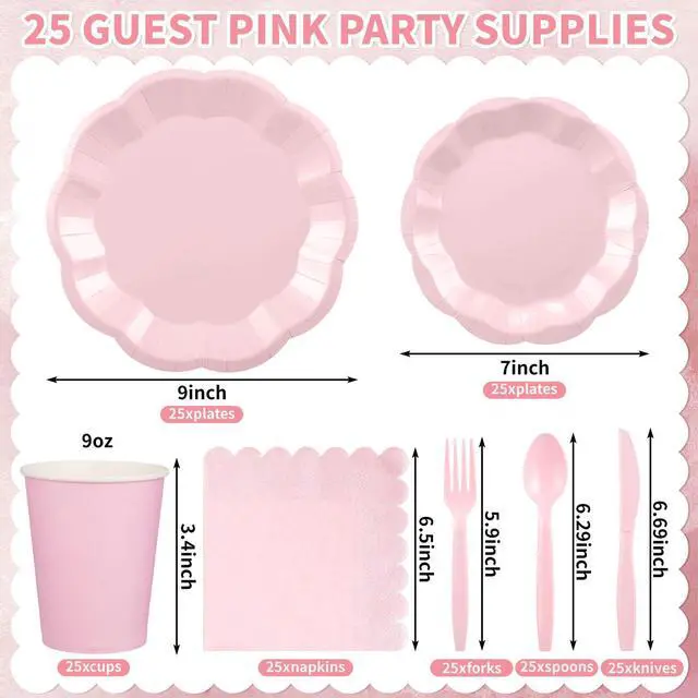 Alt view image 2 of 7 - 175 Pcs Pink Paper Plates and Napkins Disposable Tableware Serve 25 Guest