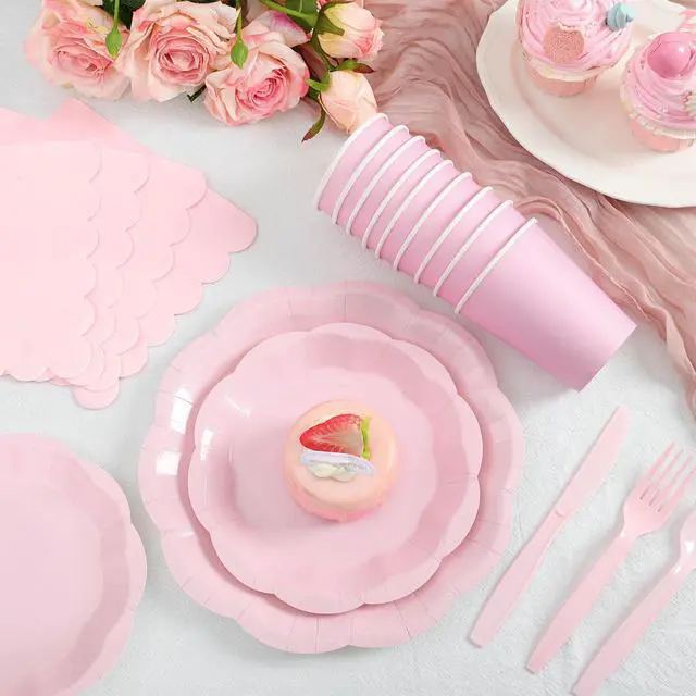 Alt view image 3 of 7 - 175 Pcs Pink Paper Plates and Napkins Disposable Tableware Serve 25 Guest